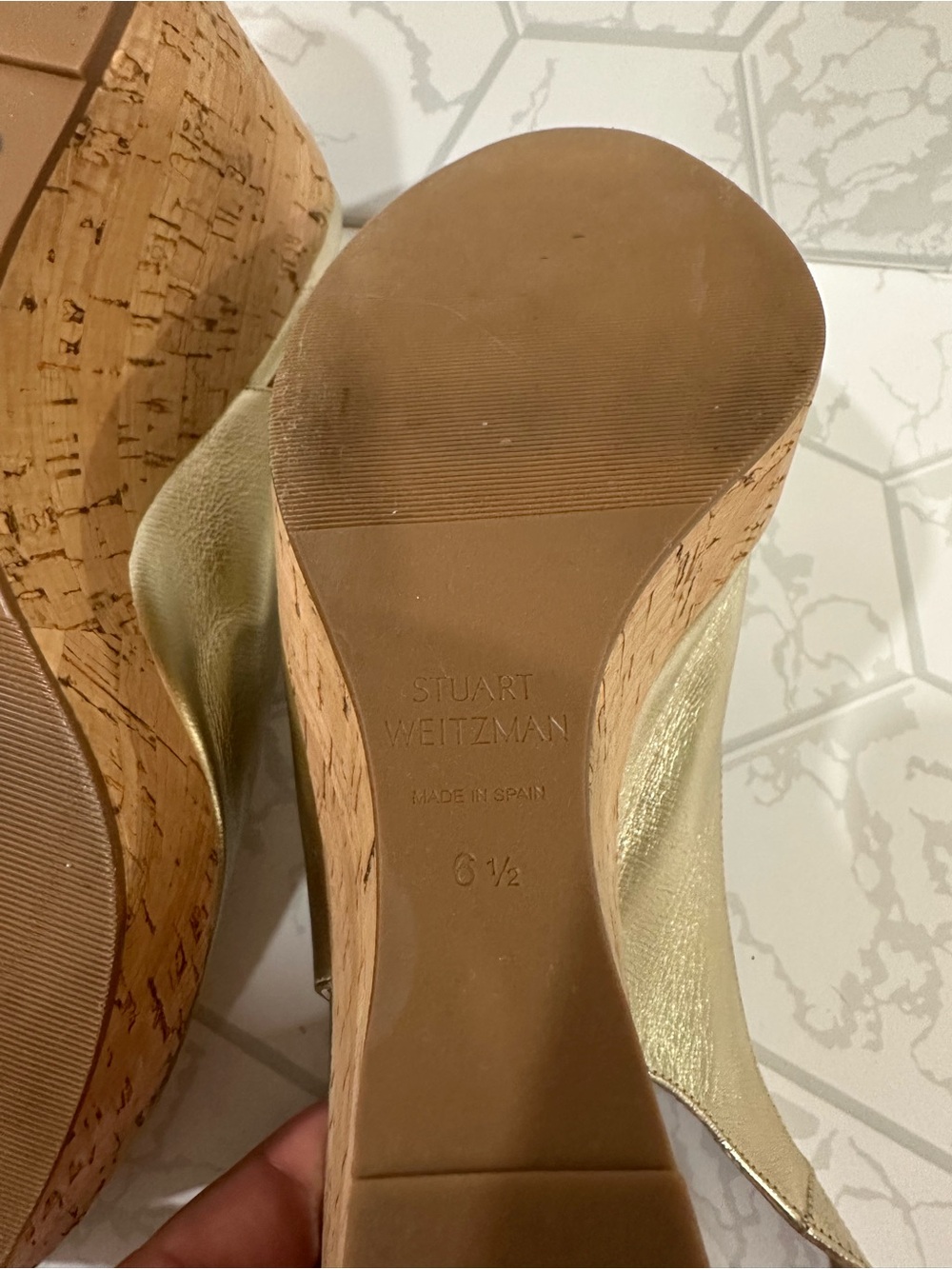 Stuart Weitzman Metallic Gold Peep-Toe Cork Wedge Sandals - Picture 7 of 7